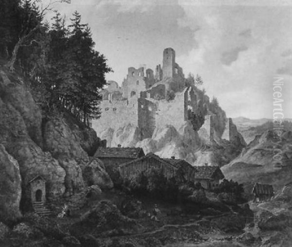 Gebirgstal Mit Fluslauf Vor Einer Burgruine - view 1