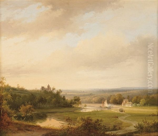 An Extensive River Landscape With Cattle On A Hill-top - view 1