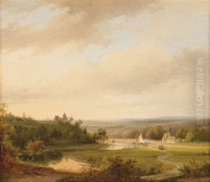 An Extensive River Landscape With Cattle On A Hill-top by Abraham-Johannes Couwenberg