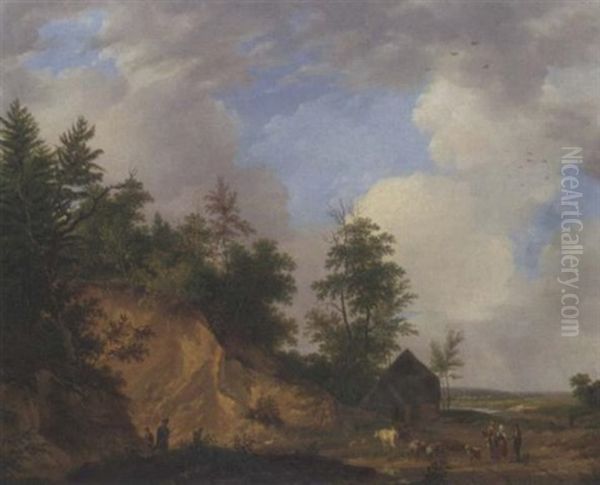Figures Conversing By A Crag In A Panoramic Summer Landscape - view 1