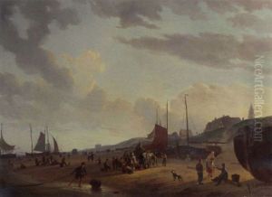 Busy Fisherfolk And Townsfolk On Scheveningen Beach In The Afternoon by Abraham-Johannes Couwenberg