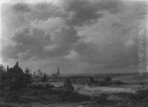 An Extensive Landscape With Farmers Working In The Fields, Arnhem With The Eusebius Church Beyond by Abraham-Johannes Couwenberg