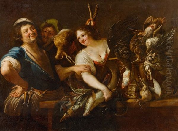 A Hunter And A Maidservant With Fish And Game In A Kitchen Interior - view 1
