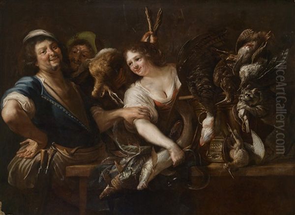 Ein Jager Und Eine Magd Mit Fischen Und Erlegtem Wild In Einem Kucheninterieur - view 1