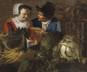 A Maid Buying Groceries At A Vegetable Stand by Christian van Couwenbergh