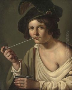 A Young Man, In A Feathered Cap, Smoking A Pipe