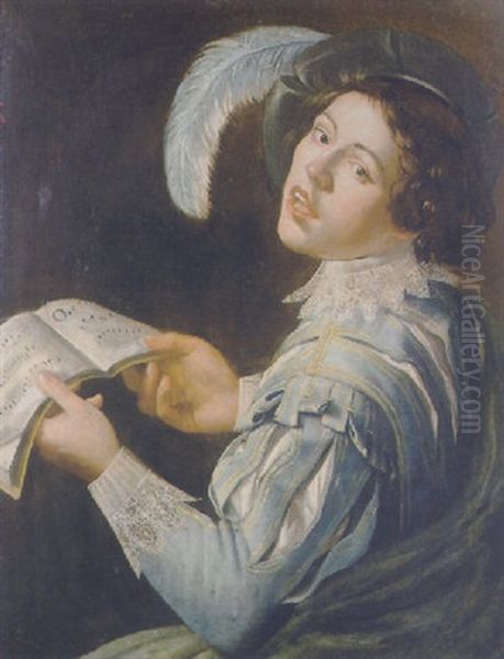 A Youth In Fancy Costume, Singing From A Musical Score - view 1