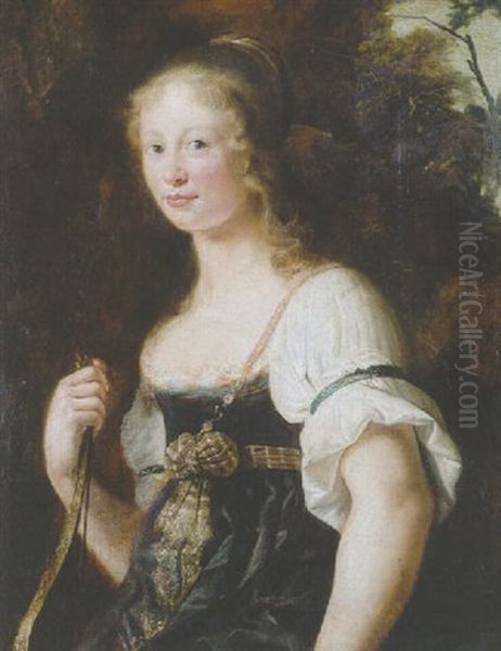 A Portrait Of A Young Woman As Diana, Wearing A Green Dress And Chemise, A Wrap Around Her Waist - view 1