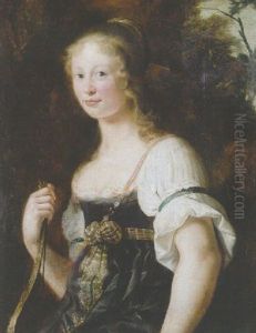 A Portrait Of A Young Woman As Diana, Wearing A Green Dress And Chemise, A Wrap Around Her Waist