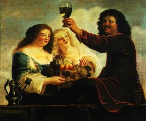 A Bravo Seated On A Balustrade And Brandishing A Wineglass, Attended By Two Maidens With A Basket Of Fruit