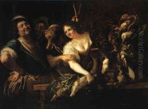 Sportsman And A Maid With Fish And Dead Game In A Kitchen Interior