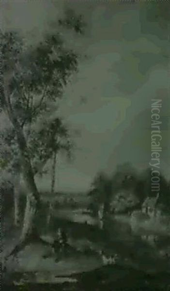 Hollandische Flusslandschaft Mit Bootsstaffage Und Einem    Bauernhaus Vor Einem Waldstuck - view 1