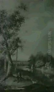 Hollandische Flusslandschaft Mit Bootsstaffage Und Einem    Bauernhaus Vor Einem Waldstuck by Henricus W. Couwenbergh