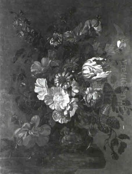 Still Life Of Tulips, Delphiniums, Roses And A Butterfly In A Glass Vase On A Ledge - view 1
