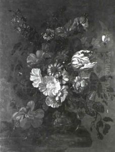 Still Life Of Tulips, Delphiniums, Roses And A Butterfly In A Glass Vase On A Ledge by Philip van Couwenbergh