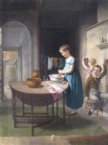 Interior Scene With Girls Washing Clothes And A Boy Playing Tricks