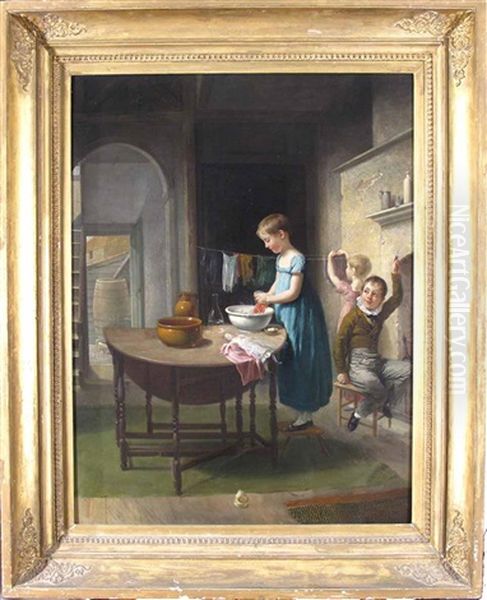 Interior Scene With Girls Washing Clothes And A Boy Playing Tricks - view 1