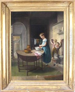 Interior Scene With Girls Washing Clothes And A Boy Playing Tricks