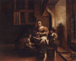 A Woman And Her Children In A Kitchen by Reynier Covyn