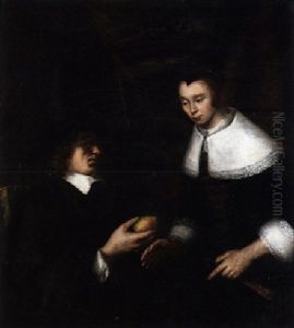 An Interior With A Man Offering A Lemon To A Lady by Reynier Covyn