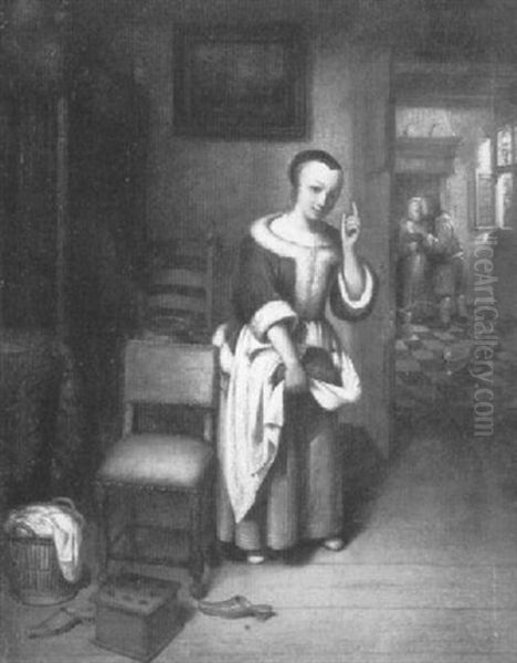 A Housemaid Eavesdropping On A Couple In Amorous Embrace - view 1