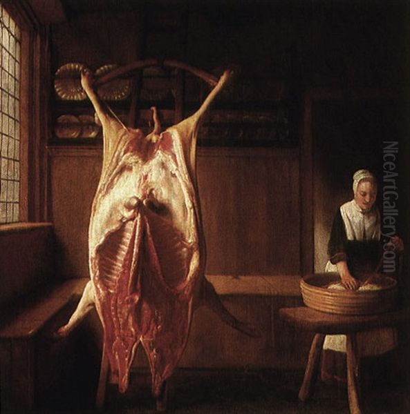 A Kitchen Interior With A Maid By The Carcass Of A Cow - view 1
