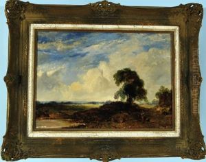 Spazierganger Mit Hund An Einem Teich In Einer Weiten Landschaft Mit Cumuluswolken by David Cox