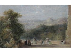 Figures On A Terrace, An Extensive Landscape With Viaduct Beyond