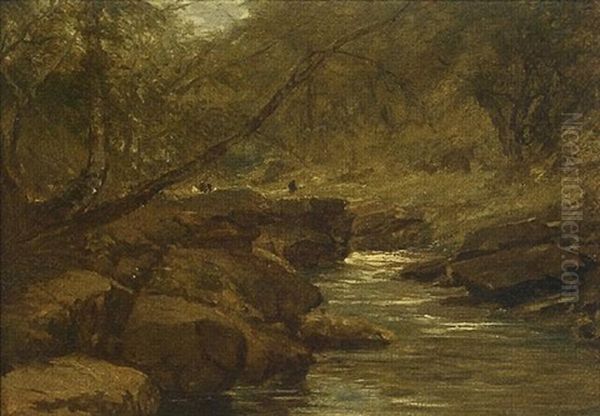 A Rocky Wooded Landscape, With Figures - view 1