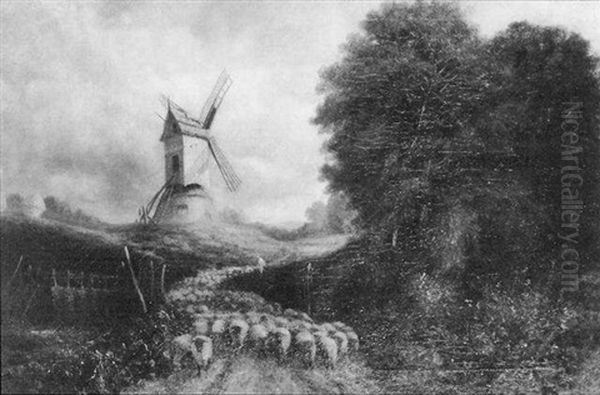 Country Lane With Shepherd And Flock, Windmill In The Distance - view 1