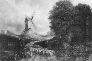 Country Lane With Shepherd And Flock, Windmill In The Distance by David Cox
