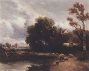 A Shepherd And His Flock By A Cottage by David Cox