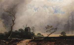 Figures In A Landscape With Distant Windmill by David Cox