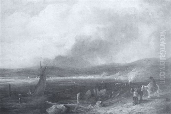 On The Sands - A Boat And Figures On The Shore - view 1