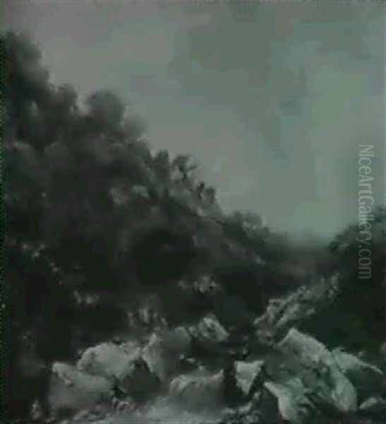 Landscape With Rocky Stream And Fisherman - view 1