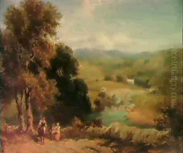 Landscape With A Distant View Of Bolton Abbey, Yorkshire, And The River Wharfe, Figures On A Path In The Foreground - view 1