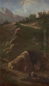 Abendliche Lagerfeuer In Felsiger Landschaft by David Cox the Younger