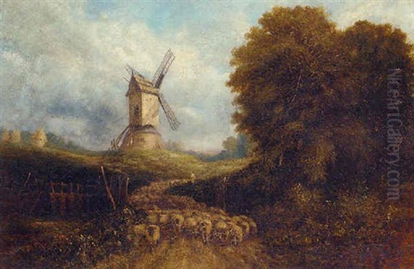 A Shepherd Herding His Flock With A Windmill Beyond - view 1