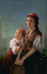 Two Young Girls In A Landscape With Small Bird Held By A String Two Young Girls In A Landscape With Small Bird Held By A String