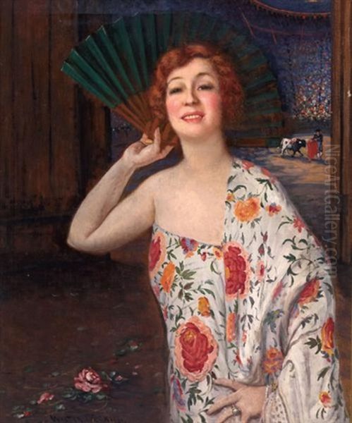 Portrait Of A Woman In A Floral Gown, Bull Fight In The Distance - view 1