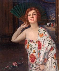 Portrait Of A Woman In A Floral Gown, Bull Fight In The Distance by Walter I. Cox