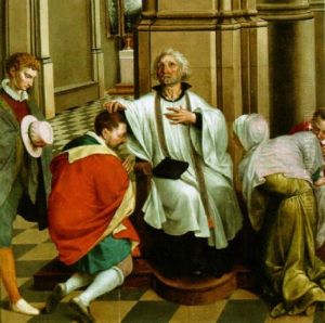 A Cathedral Interior With A Priest In The Act Of Absolution