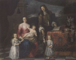 A Group Portrait Of A Family In An Interior, Coral And Seashells On A Carpeted Table Nearby