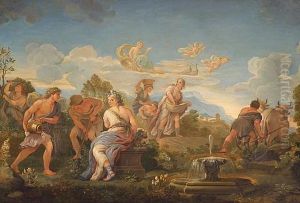 Figures Gathered By A Well With A Town Beyond