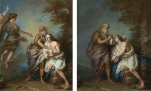 Abraham Preparing To Sacrifice Isaac; Abraham And The Angel (pair) by Charles-Antoine Coypel