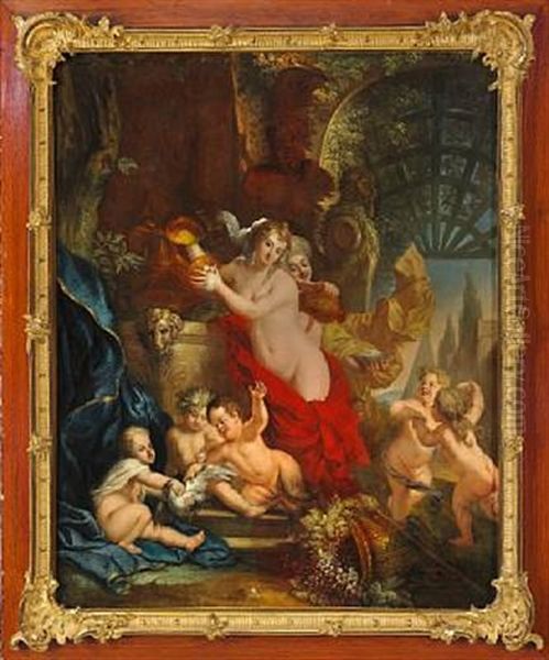 Bacchus Scene With Two Nymphs, Putti And A Satyr At A Fountain - view 1