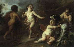 Quatre Amours Jouant Autour D'un Chien by Noel Nicolas Coypel