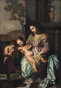 Madonna With Child And The Infant Saint John The Baptist by Francesco Cozza