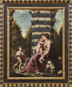 Die Madonna Mit Dem Christusknaben Und Johannes Dem Taufer In Einer Landschaft Vor Einer Saule by Francesco Cozza