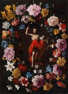 Eine Blumengirlande Um Ein Medaillon Mit Dem Auferstandenen Christus Eine Blumengirlande Um Ein Medaillon Mit Dem Auferstandenen Christus